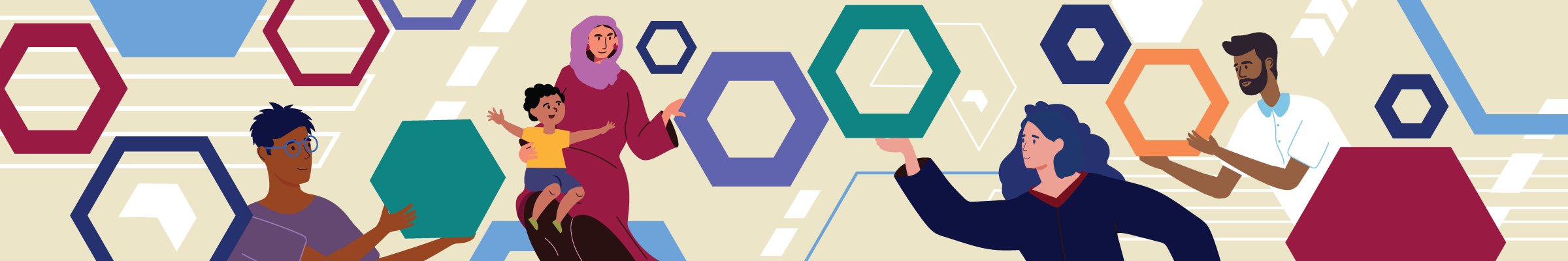 Bannière des ordonnances de protection CDO représentant des personnages dessinés au format vectoriel tenant des hexagones, suggérant une collaboration