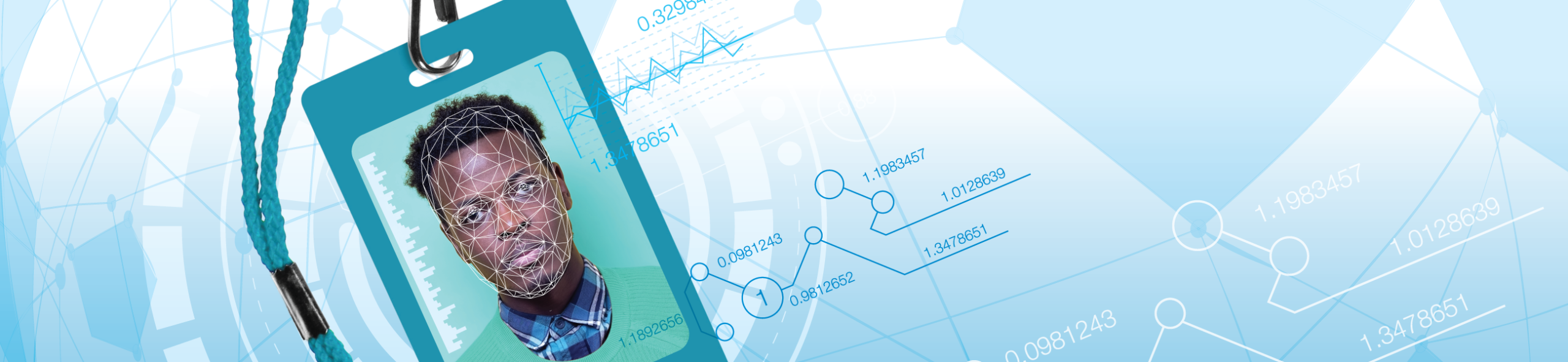 Workplace surveillance banner image, depicting an employee's face on a badge with lanyard with digital tracking symbols and graphs surrounding the badge.