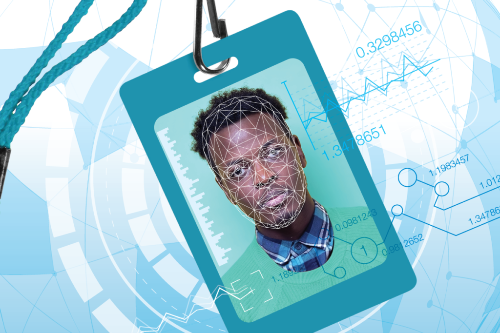 Workplace surveillance thumbnail depicting an employee badge with digital tracking graphs and symbols over and around it